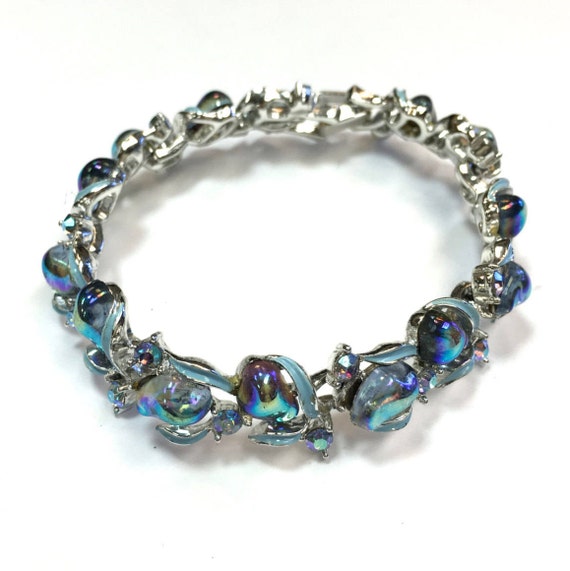 1960s Blue Rhinestone Bracelet | 60s Blue Molded G