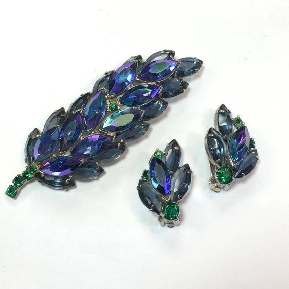 1950s Blue Rhinestone Brooch Set | 50s Royal Blue
