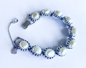1960s Silver & Pearl Link Bracelet | 60s Silver Faux Baroque Pearl Bracelet | Judy Lee
