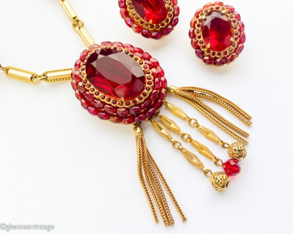 1950s Red Gold Necklace & Earrings Set | 50s Red … - image 6