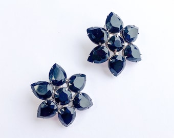 1950s Black Flower Clip Earrings | Vintage Black Glass Faceted Tear Drops