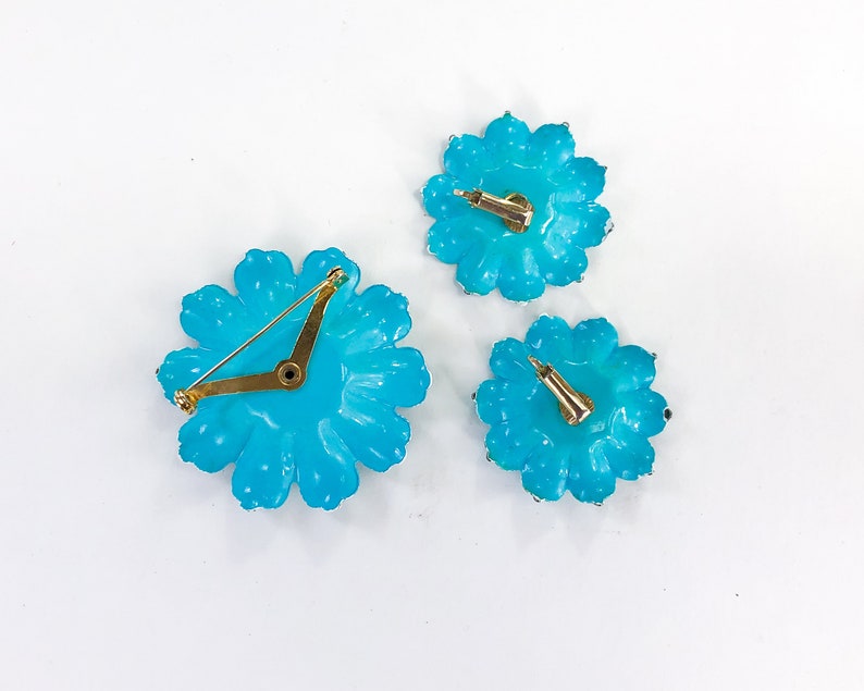 1960s Turquoise Flower Earrings Set 60s Blue Enamel Flower Jewelry Set