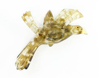 1940s Carved Lucite Bird Brooch | 40s Brown Plastic Striped Bird Pin