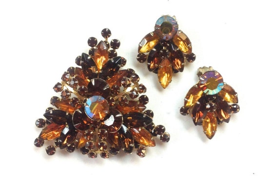 1950s Amber Rhinestone Brooch & Earrings | 50s Bro