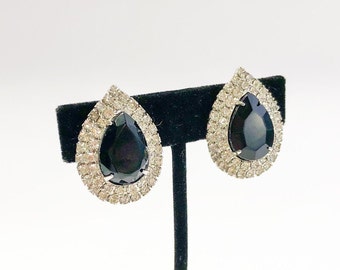 1950s Black & Rhinestone Earrings | 50s Black Rhinestone Tear Drop Earrings