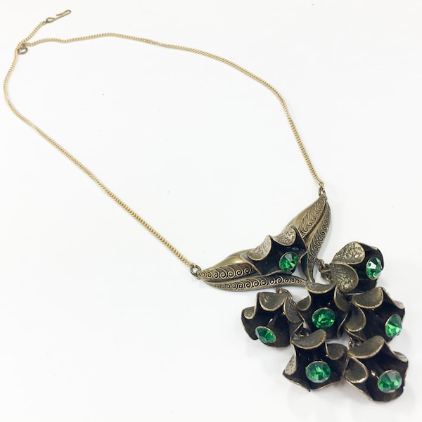 H.Pomerantz | 1940s Green Pendent Necklace | 1940s Bronze and Green Flower Cluster  | H.Pomerantz Inc N.Y.