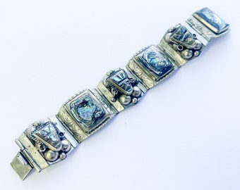 1950s Sterling Silver Abalone Bracelet | 50s Carved Abalone Silver Aztec Style Bracelet | 925 Silver TAXCO