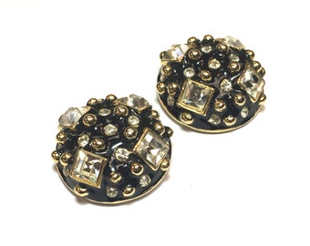 1980s Black & Gold Rhinestone Earrings | 80s Black Enamel Dome Earrings