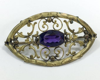 1900s Amethyst Brooch | Filigree Brass  & Purple Sash Pin