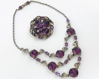 1950s Hollycraft Amethyst Necklace Brooch Set | Vintage Purple Necklace & Trembler Pin