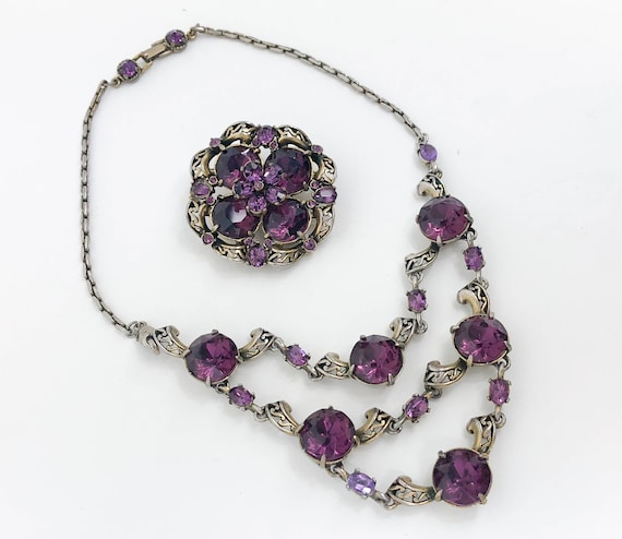 1950s Hollycraft Amethyst Necklace Brooch Set | Vintage Purple Necklace & Trembler Pin