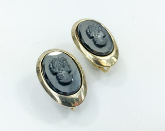 Sarah Coventry | 1960s Black Glass Cameo Earrings | 60s Black Glass Cameo Clips | Black Cameo Earrings | Sarah Coventry