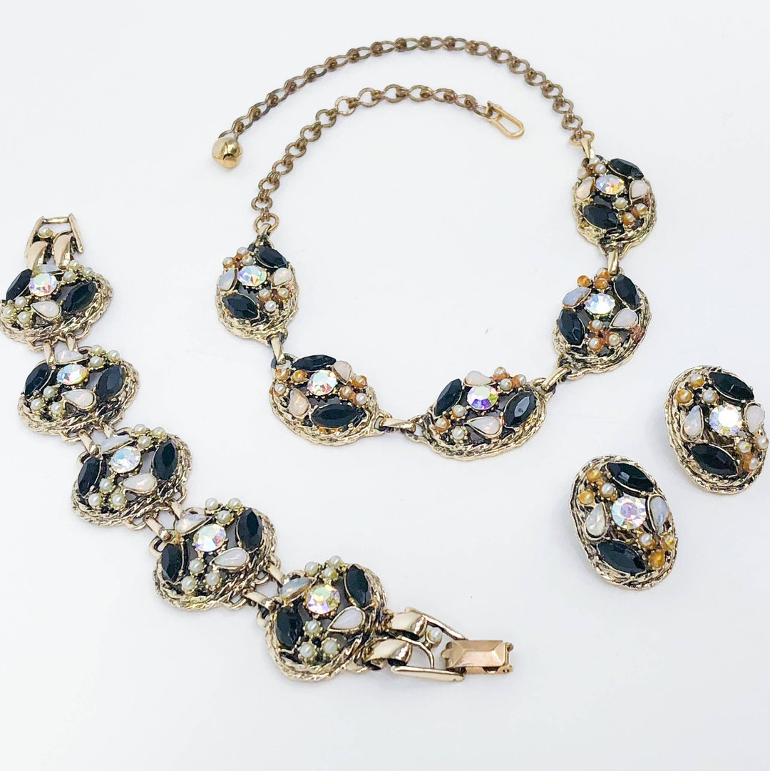 1950s Black Rhinestone & Pearl Jewelry Set 50s Black Faux Pearl