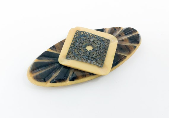 1900s Brown Celluloid Belt Buckle | Brown& Gold