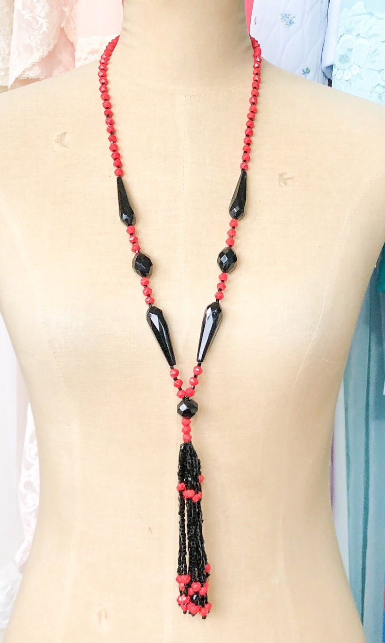 1920s Red & Black Beaded Necklace 20s Beaded Rope Necklace Flapper Necklace image 8