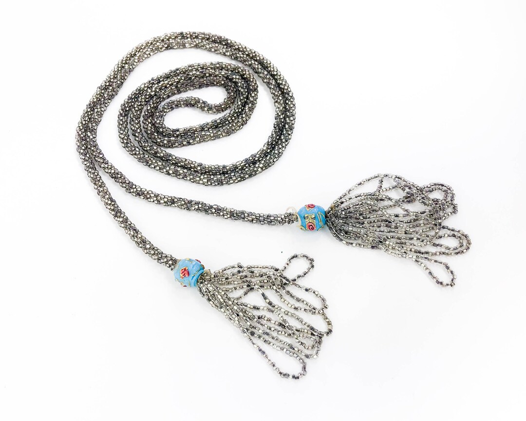 1920s Silver Beaded Rope Necklace 20s Long Silver Bead Rope Etsy