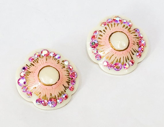 1950s Pink Rhinestone Flower Earrings | 50s White… - image 6