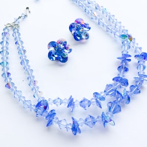 1950s Blue Crystal Necklace Set | 50s Blue Glass Bead Necklace & Clip Earrings