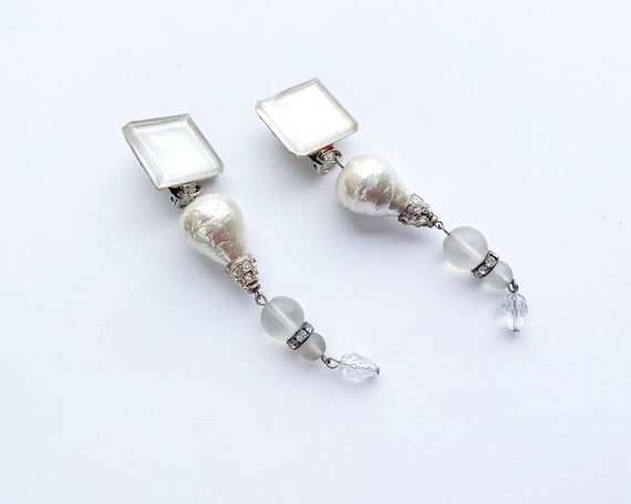 1980s Long Glass Dangle Earrings | 80s Pearl & Gl… - image 2