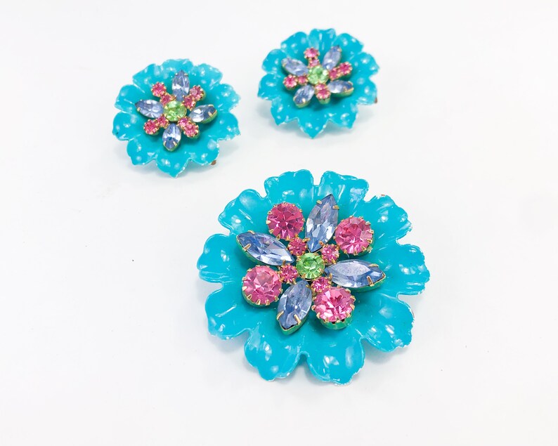 1960s Turquoise Flower Earrings Set 60s Blue Enamel Flower Jewelry Set