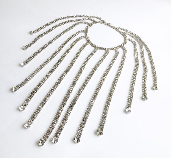 50s Rhinestone Necklace Vintage 1950s 1960s White Crystal Silver Choker Collar Bib Costume Jewelry Wedding Prom Bridal Evening Cocktail