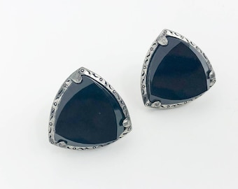 1940s Black Glass Earrings | 40s Black Triangle Black Earrings | Screw Back Earrings