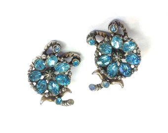 Hollycraft | 1950s Blue Rhinestone Earrings | 50s Blue Rhinestone Flower Earrings |  Blue Rhinestone Clips | Hollycraft