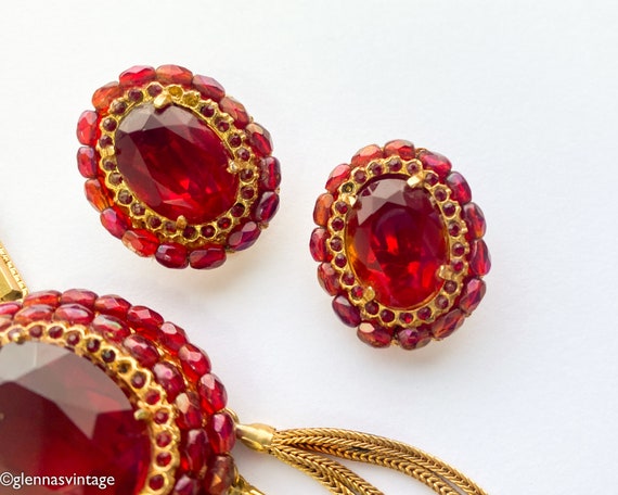 1950s Red Gold Necklace & Earrings Set | 50s Red … - image 5