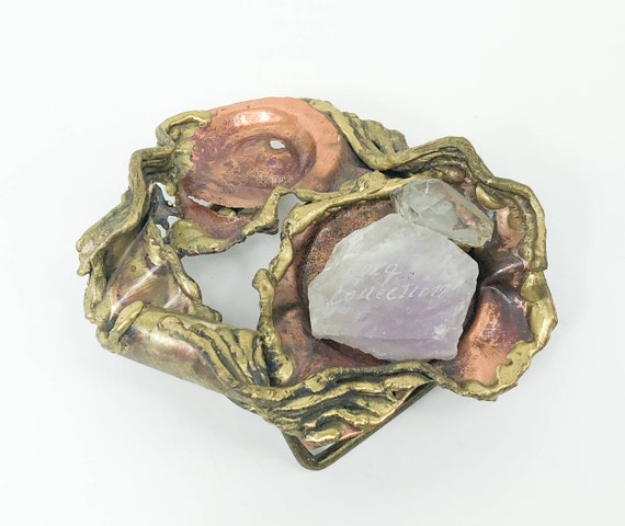 1980s Brutalist Belt Buckle | Quartz Crystal Copper & Brass  display picture 3
