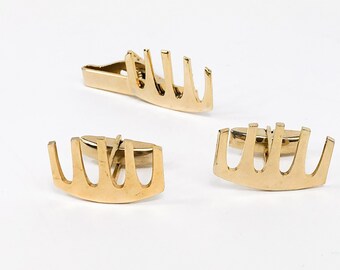 1965s Gold Crown Tie Bar Set | 50s Abstract Tie Bar & Cufflink Set | Modernist Cufflink Set | Gifts for Him