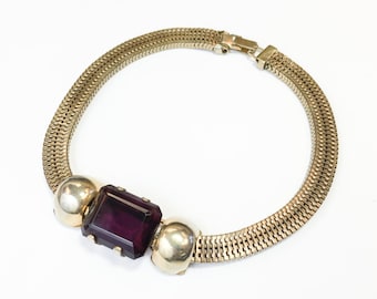 1940s Amethyst Glass Coil Necklace | Vintage Purple & Gold Box Coil Choker