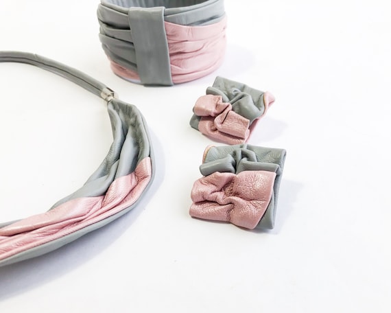 1990s Pink & Gray Leather Jewelry Set | 90s Pink … - image 6