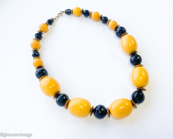 1980s Gold &  Black Beads Necklace | 80s Black Go… - image 1