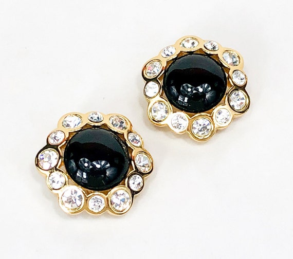 1980s Black & Rhinestone Clip Earrings | 80s Black