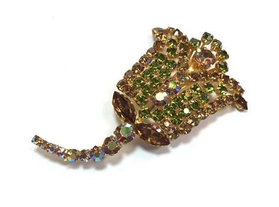 1960s Gold Flower Rhinestone Brooch | 60s Gold & … - image 1