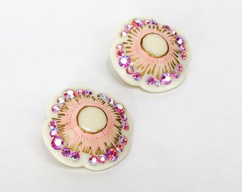 1950s Pink Rhinestone Flower Earrings | 50s White Lucite  & Pink Enamel Clips