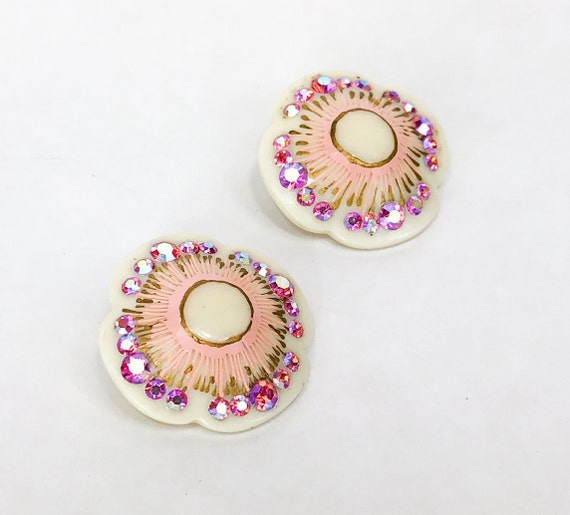 1950s Pink Rhinestone Flower Earrings | 50s White… - image 1