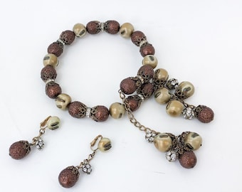 1950s Vintage Copper Bead Choker and Clip Earring Set | Rhinestone Demi Parure