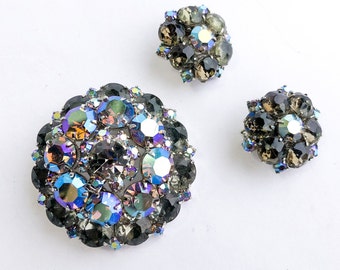 1950s Black & Silver Aurora Borealis Brooch Set | 50s Rhinestone Pin Earrings Set | Juliana