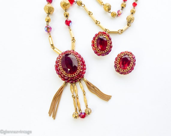 1950s Red Gold Necklace & Earrings Set | 50s Red … - image 2