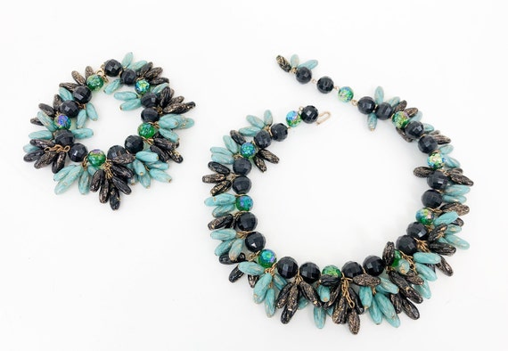 1960s Blue & Black Glass Necklace Set | 60s Turqu… - image 1