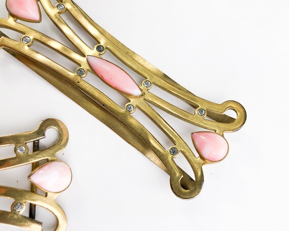 1930s  Gold & Pink Glass Belt Buckle Set | 30s Br… - image 7