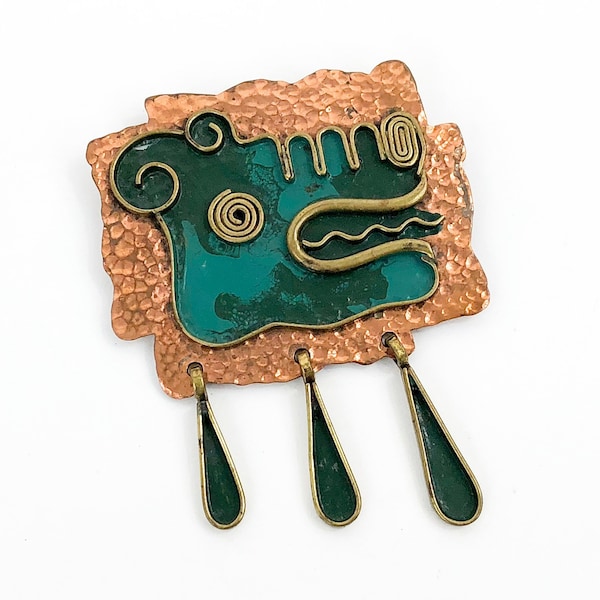 1950s Copper Serpent Brooch | 50s Copper Brass & Turquoise Enamel Serpent Pin | Copper Pendant | Mexico