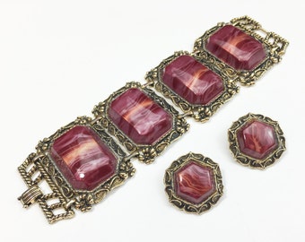 1940s Pink Chunky Bracelet & Earrings Set | 40s Red Plastic Baroque Bracelet Set