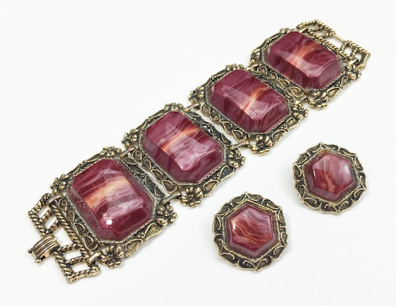 1940s Pink Chunky Bracelet & Earrings Set | 40s R… - image 1