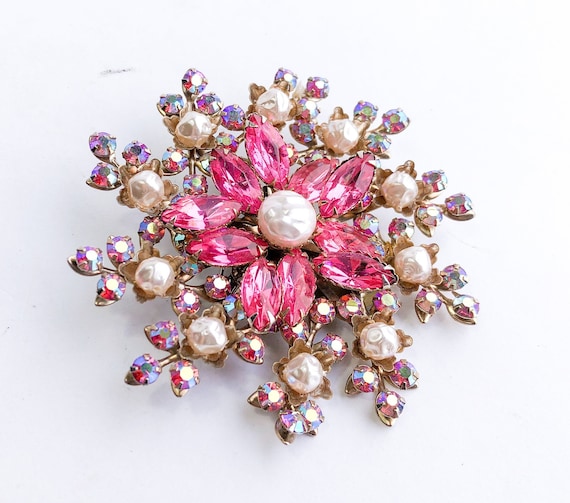 1950s Pearl & Pink Rhinestone Floral Brooch | 50s