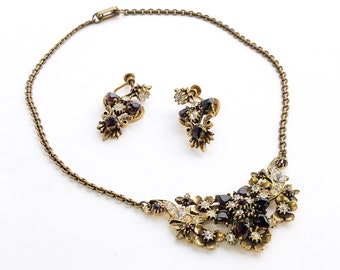 1940s Garnet Red Rhinestone Necklace & Earrings | Vintage Gold Metal Flower Clusters Necklace Set