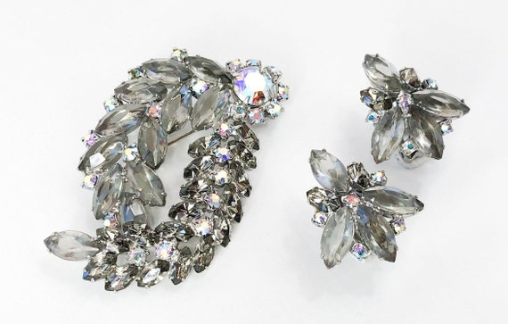 1950s Gray Rhinestone Brooch Set | 50s Smokey Gray