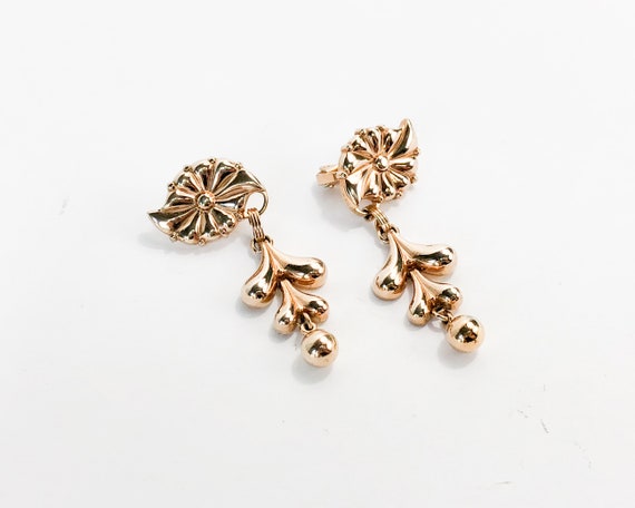1950s Gold Drop Earrings | 50s Gold Flower Dangle… - image 2