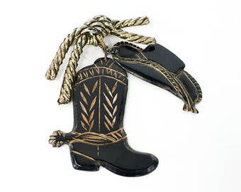 1950s Cowboy Boot and Hat Pin | Vintage Black Plastic Western Brooch